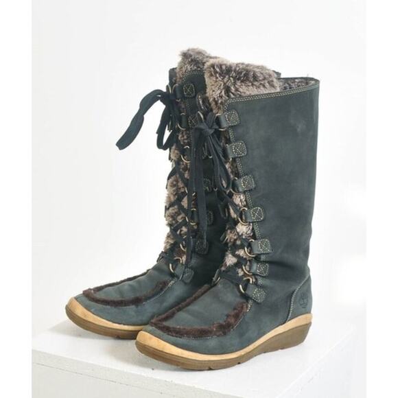 Timberland Kickadilla Faux Fur Nubuck Mid-Calf Lace-Up Boots 7.5 Gray Winter - Picture 1 of 13